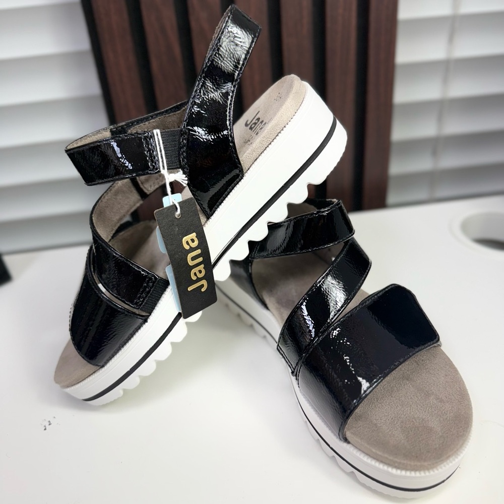 Jana Womens Wedge Ankle Strap Sandal - Black Patent US size 6